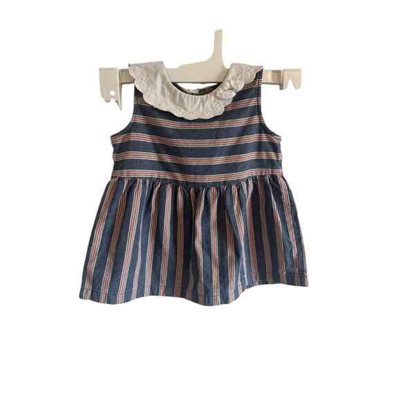 Janie and Jack Girls 3T Blue Red Stripe Cotton Chambray Lace Collar Shirt - Picture 1 of 9